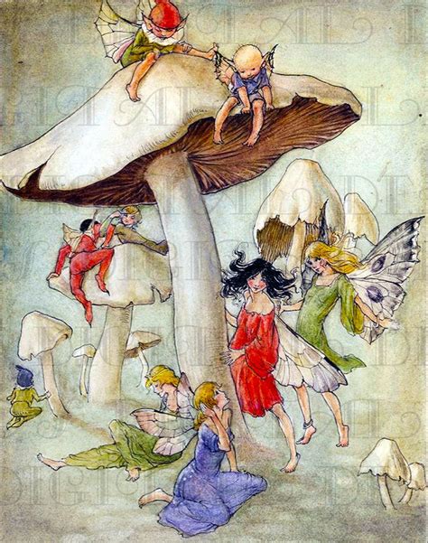 Fairies And Elves Play On Mushrooms Vintage Fairy Etsy Uk