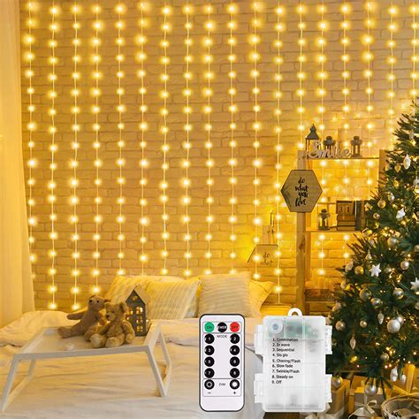 Battery Operated Curtain String Lights 66×66ft 200 Led Curtain Timer