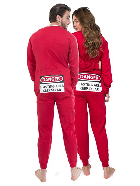 Red Union Suit Sleeper Pajamas With Funny Rear Flap Danger Blasting