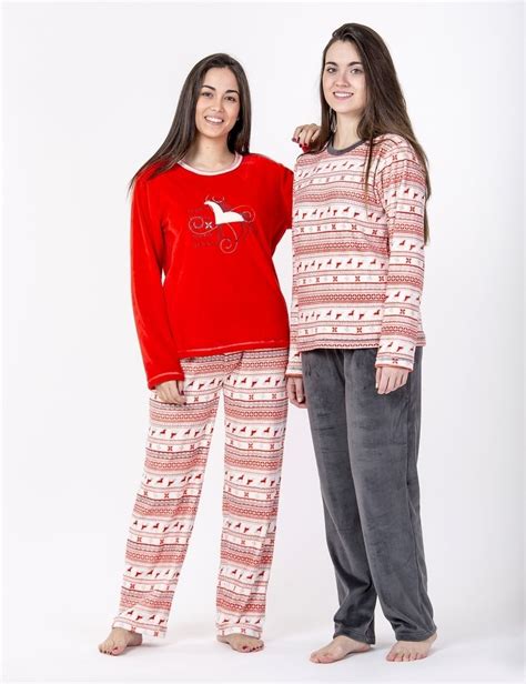 Pijama Invierno Señora Chica Mujer Rojo Gris Polar Caballo Diseño Rayas Fashion Sleepwear