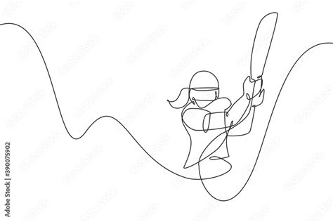 One Single Line Drawing Of Young Energetic Woman Cricket Player Hit The