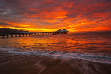 Long Exposure Fine Art Malibu Pier Seascape Red Orange Yellow Clouds