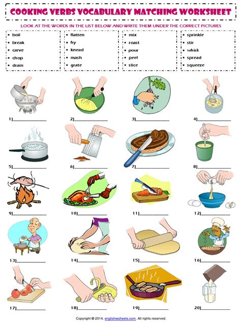 Cooking Verbs Vocabulary Matching Worksheet Pdf