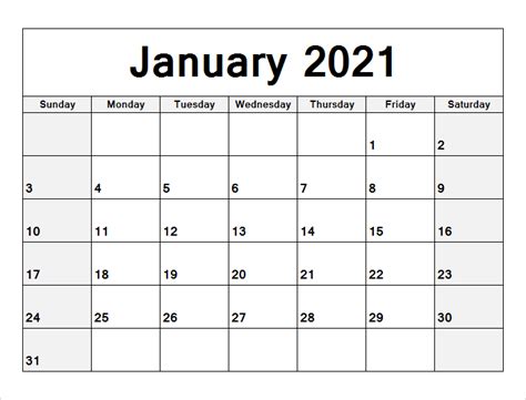 Printable 2021 calendars by month. Blank January 2021 Calendar Editable All Format ...