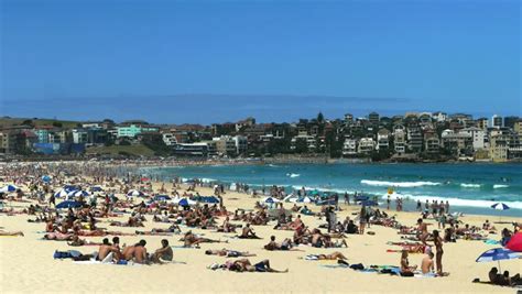 The View Of Bondi Beach From The Bondi Ocean Baths Stock Footage Video