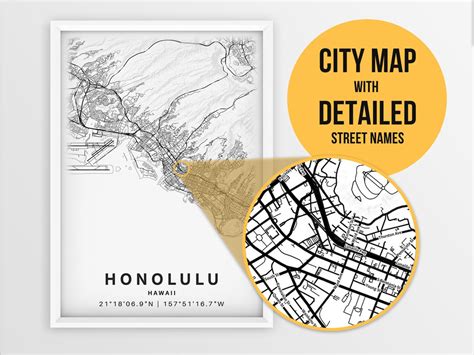 Printable Map Of Honolulu Hawaii Hi Usa With Street Names Etsy