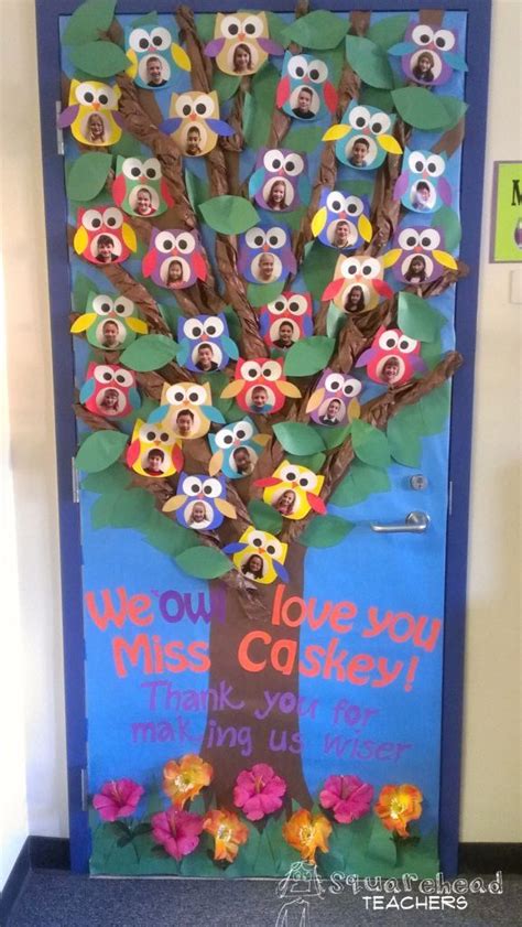 A Door Decorated With Owls And Leaves For The School S Fall Bulletin Board Contest
