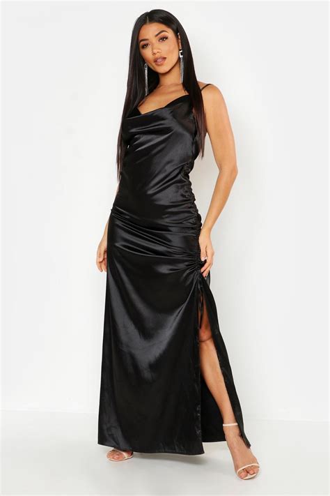 Womens Satin Cowl Neck Ruched Maxi Dress Black 6 Ruched Maxi