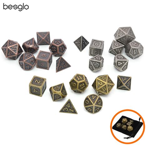 Solid Metal Polyhedral Dnd Dice Set Of 7 Ancient Copper Gold Silver