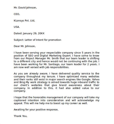 FREE 13+ Sample Letter of Intent for Promotion Templates ...
