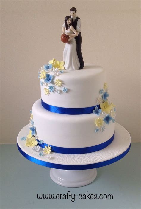 2 Tier Wedding Cake Basketball Topper With Royal Blue And Yellow Flowers