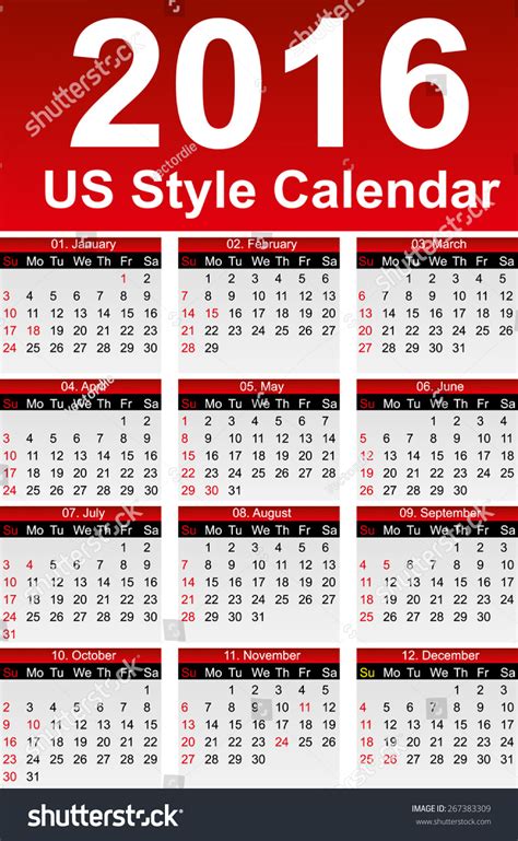 Calendar 2016 Us Style Weeks Start Stock Vector 267383309 Shutterstock