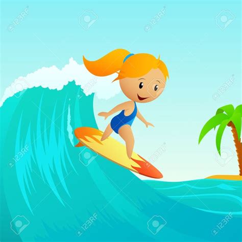 Vector Illustration Cartoon Cute Little Girl Surfing On Waves Cute