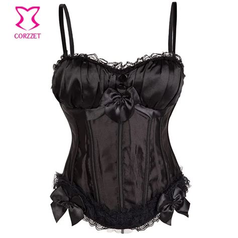 Victorian Lace Trim Black Satin Gothic Corset Bustier Top With Straps Push Up Corsets And