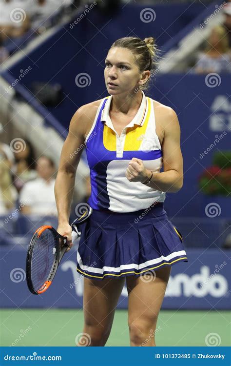 Professional Tennis Player Simona Halep Of Romania In Action During Her Us Open 2017 First Round
