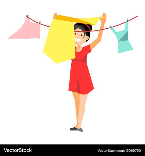 Cheerful Woman Drying Clothes Royalty Free Vector Image