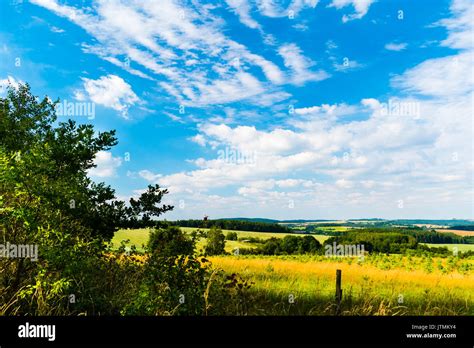 Beautiful Scenery Summer Sunny Meadow Blue Sky With Clouds And Sun