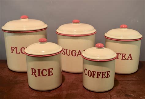 Vintage cottage clear glass kitchen canisters with wooden lids kitchen storage jars set of 5. Set Of Five Vintage Enamel Kitchen Storage Canisters ...