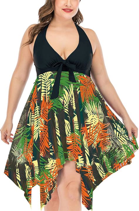 Womens Two Piece Swimsuit Plus Size Swimdress Bathing Suit Mesh Printed