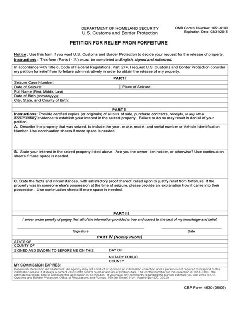 Cbp Form 4630 Petition For Relief From Forfeiture Free