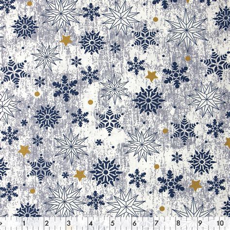 Fabric Creations White With Blue Christmas Snowflakes And Gold Stars