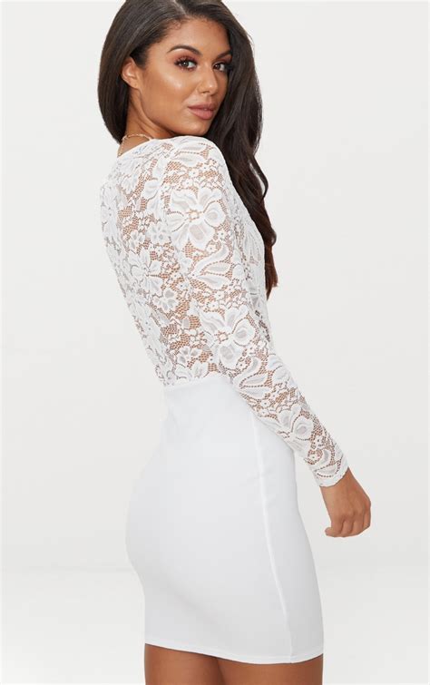 White Lace Top Long Sleeve Bodycon Dress Prettylittlething