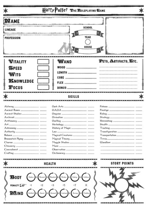 Harry Potter The Role Playing Game Character Sheet Download Printable