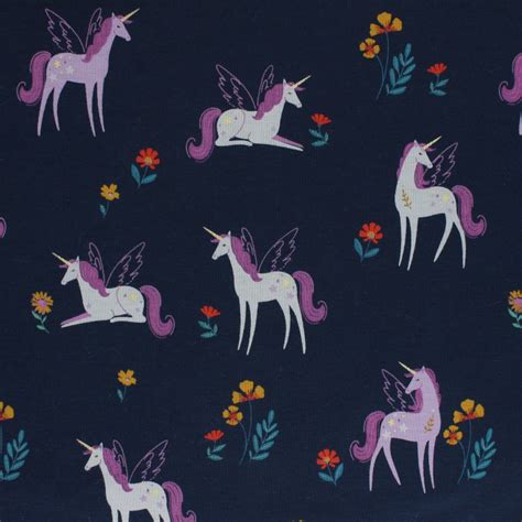 Printed Jersey Fabric Navy Blue Fairy Unicorns Mpm