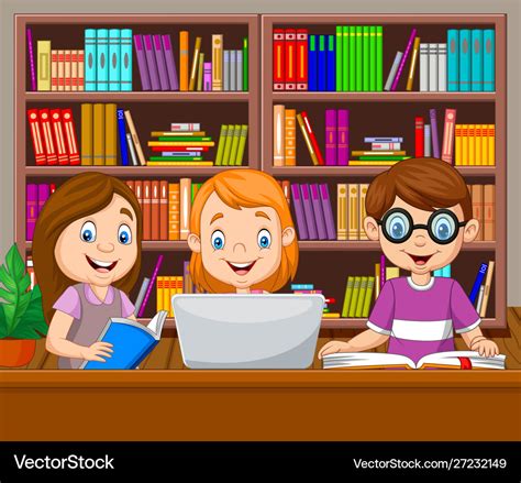 Cartoon Kids Studying In Library Royalty Free Vector Image