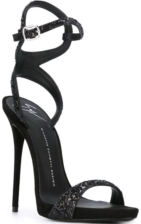 giuseppe zanotti “gwyneth” glitter sandals toe strap sandal ankle strap sandals heels leather
