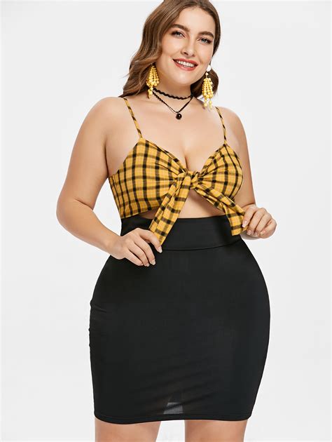 Gamiss Plus Size Knot Checked Mini Dress Women Sexy Bodycon Casual