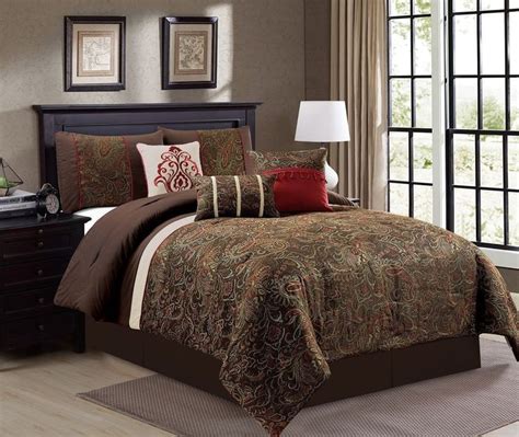 This gorgeous comforter reverses to a vertical gold stripe for contrast. 7-Piece Gold Rust Red Beige Brown Chenille Damask Paisley ...