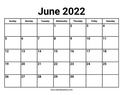 June 2022 Calendar Calendar Options