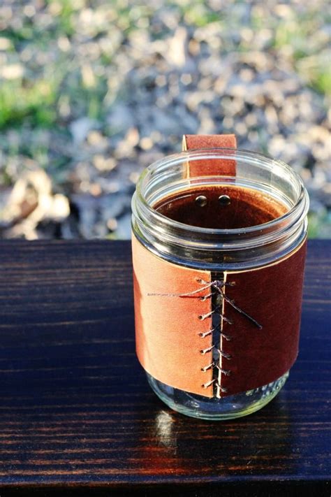 How To Make A Leather Mason Jar Mug Thistlewood Farm Leather Mason Jar Mason Jar Diy Mason