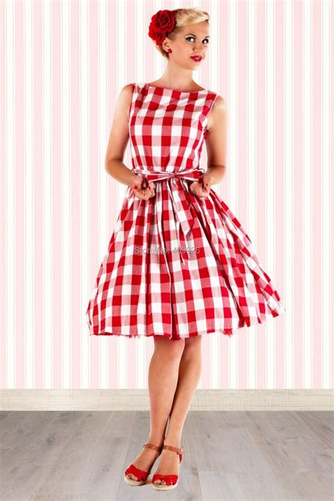 50s Pin Up Audrey Hepburn Style Classic Retro Big Red White Plaid Check