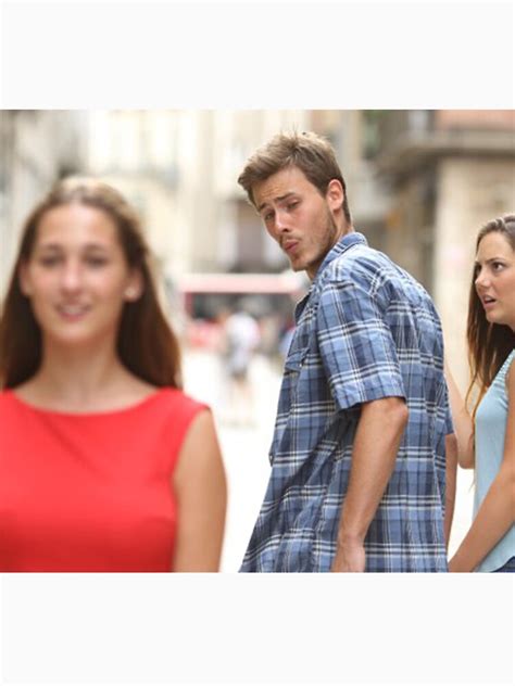 The photograph was part of a stock photo series showcasing various scenarios and some people traced a story out of it. "Guy looking back meme" T-shirt by Bebito | Redbubble