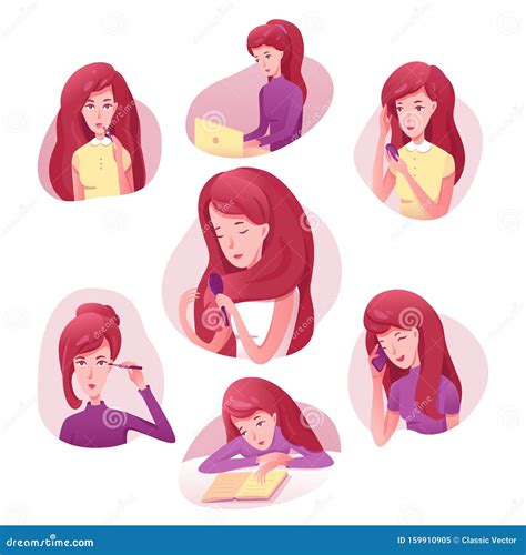 Girl Getting Ready For Work Flat Illustrations Set Stock Vector