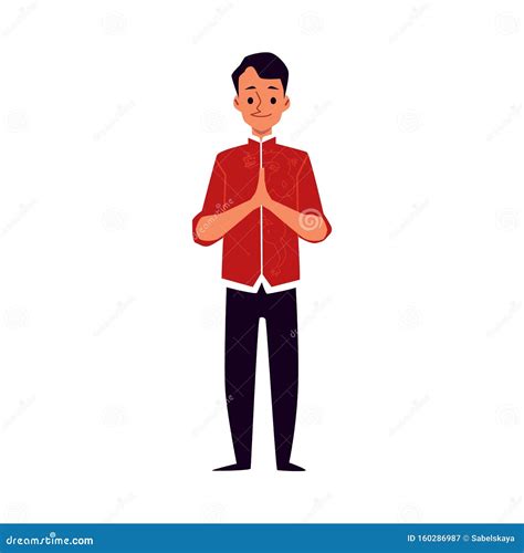 Cartoon Chinese Man In Traditional Red Costume Standing In Greeting