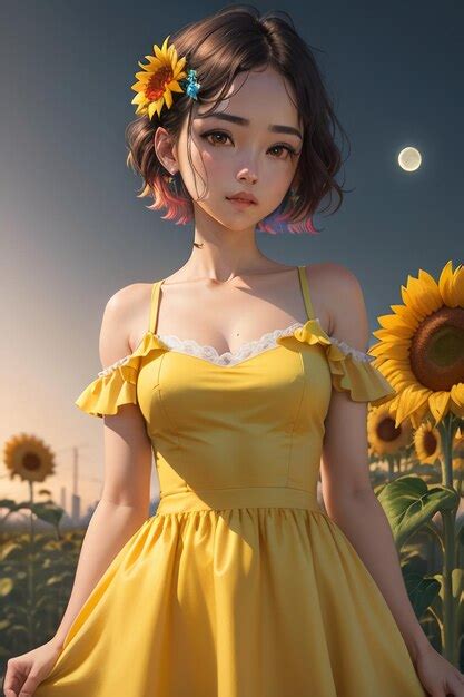 Premium Ai Image Beautiful Girl In Yellow Dress Decorated With Sunflower Flowers Wallpaper