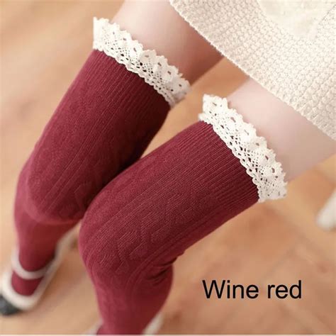 Buy Women Lady Warm Cotton Thigh High Long Stockings Knit Over Knee Lace Girls
