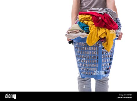 Woman With Basket Of Clothing For Laundry Stock Photo Alamy