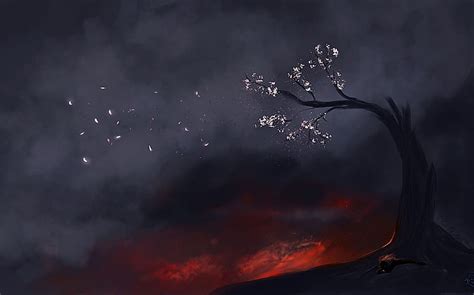 Fantasy Art Red Sakura Art Bloom Wind Black Spring Abstract