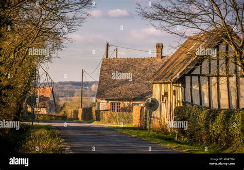 French Rural Street View On A Winter Afternoon In Normandy Stock Photo
