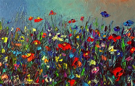 Meadow Dawn Colorful Wildflowers Abstract Impressionism Impasto Knife