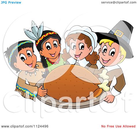 Cartoon Of Happy Pilgrims And Indians Holding A Thanksgiving Roasted