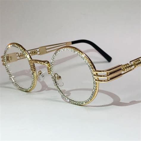 Designer Bling Diamond Rhinestone Round Gold Metal Frame Etsy Fashion Eye Glasses Men