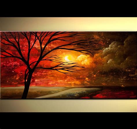 Original Large Abstract Red Tree Painting Red Sunset Landscape Acrylic