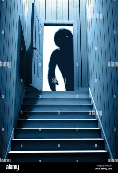 Spooky Monster With Glowing Eyes In Opened Door Steps Leading From A