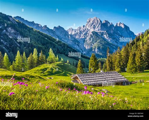 Idyllic Landscape In The Alps With Traditional Mountain Chalet And