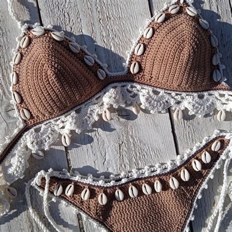 Crochet Bikini Set Tan Bronze With Natural Seashells Etsy
